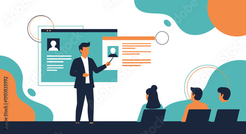 Business presentation with speaker and audience, modern flat design