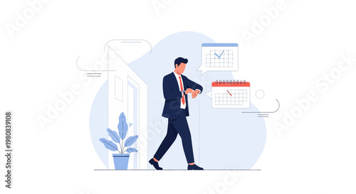 Businessman checking watch, calendar, and checklist, symbolizing time management and deadlines