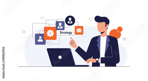 Businessman pointing at strategy icons on laptop screen, business planning concept