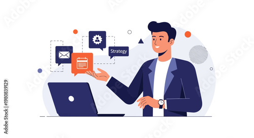 Businessman Planning Strategy with Laptop and Icons: Calendar, Email, Settings