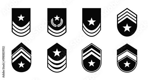 A collection of black and white military rank insignia and chevron designs