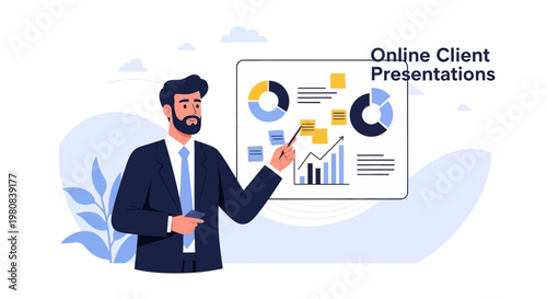 Businessman presenting online client data analysis with charts and graphs