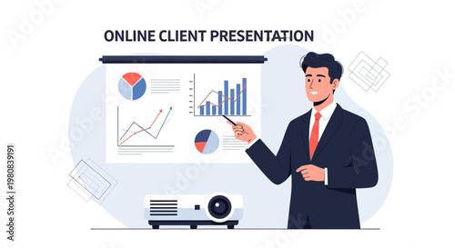 Businessman Presenting Online Client Presentation with Charts and Graphs