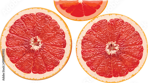 Fresh grapefruit slices with detailed juicy texture and citrus segment isolated on white background for healthy food and juice design