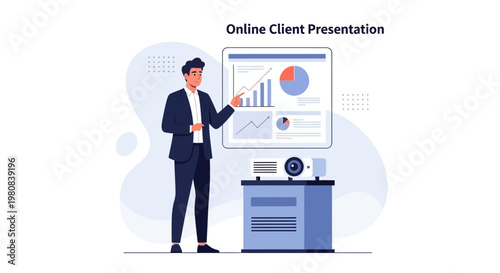 Businessman presenting online client presentation with charts and projector