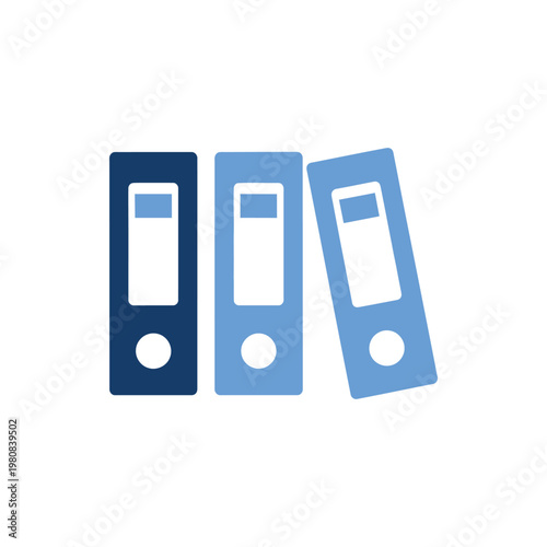 Three blue binders standing next to each other with white label areas and circular finger pull holes symbolising organization and storage data management.