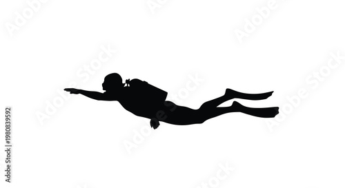 Silhouette of a scuba diver gracefully swimming underwater in a dark tone