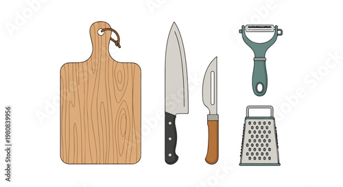 Illustration of kitchen utensils including a wooden cutting board, chef's knife, paring knife, vegetable peeler, and grater on a white background.