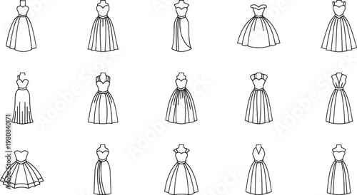 Black and white of women in long dresses with varied hairstyles and poses