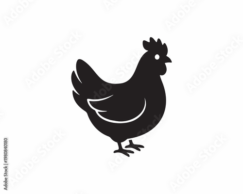 Black silhouette of chicken facing right, rounded body, comb and tail feathers visible, minimalist vector icon, high-contrast farm animal illustration