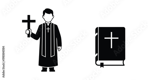 A stylized depiction of a priest with a cross and a religious book