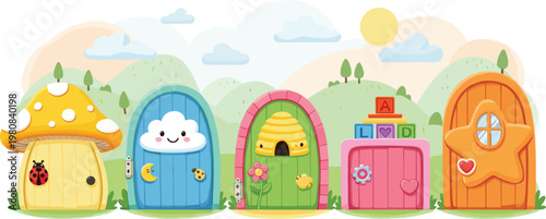 Cute kawaii fairy doors set with mushroom cloud and beehive designs, flat vector illustration of magical garden entrance for kids.