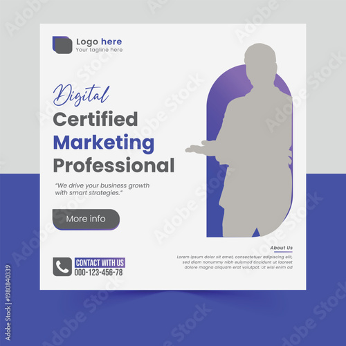 Social media post man in a business suit presents a digital marketing template with a purple and white background and a call to action to drive business growth template