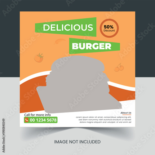 Social media post advertisement for a delicious burger with a 50 percent discount featuring a mouthwatering image of the burger on a sesame seed bun template