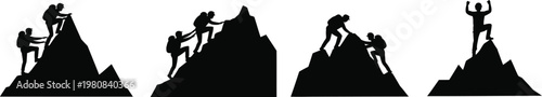 Silhouettes of climbers ascending rocky mountains reaching for the summit climbing ascent peak