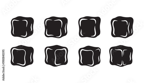 Eight black ice cubes arranged in two rows against a white background
