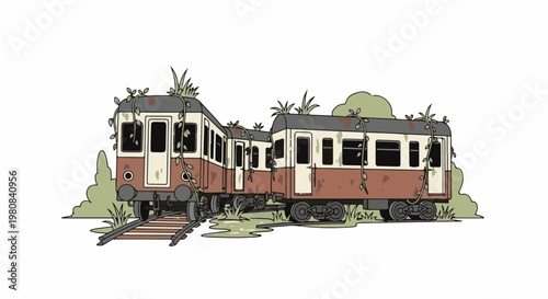 Abandoned subway cars, overgrown with vines and plants, sit on rusty tracks