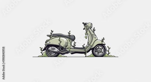 Abandoned vintage scooter overgrown with green vines and leaves