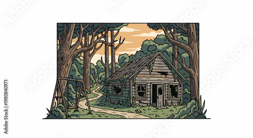 Abandoned wooden cabin in a forest with a swing set
