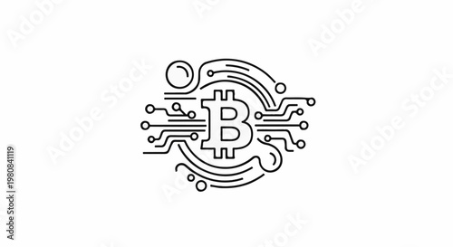 Abstract bitcoin symbol integrated with circuit board lines and nodes