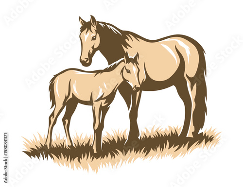 Stylized mare and foal standing together on grass in elegant vector illustration isolated on white background