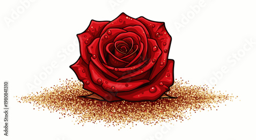A vibrant red rose with dew drops sits atop a pile of glittering golden sand