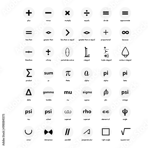 A set of mathematical symbols and icons in a flat, minimalist design style