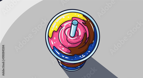 A vibrant, swirled milkshake in a clear cup with a straw, casting a shadow