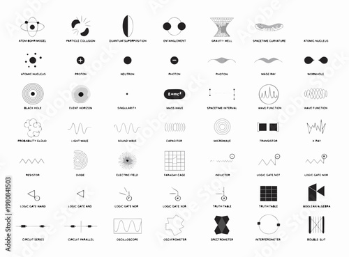 A collection of various scientific and physics related vector icons and illustrations in a flat design style
