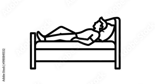 Simple line drawing depicts a person lying down on a rectangular bed