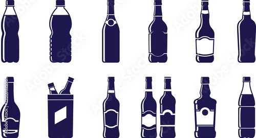 Assorted blue bottle silhouette icons for bar drink menus