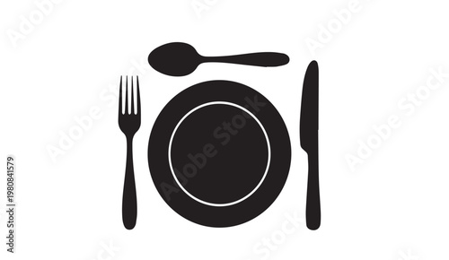 Dinner setting with plate fork spoon and knife on white background
