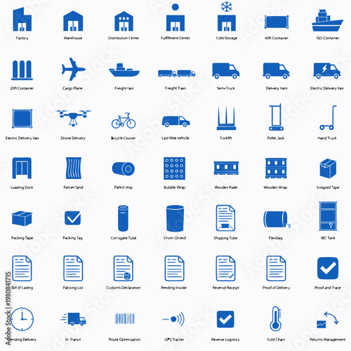 A collection of blue vector icons illustrating various logistics and shipping concepts on a white background