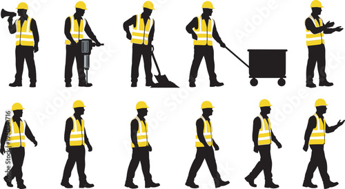 Construction worker silhouettes set, yellow safety helmet, high visibility vest, manual labor, working tools, walking poses, vector illustration, white background.