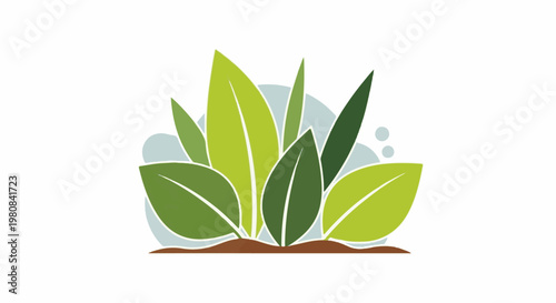 A stylized illustration of lush green leaves emerging from soil