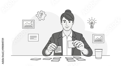 Businesswoman organizing cards, planning strategy with charts and idea bulb icons.