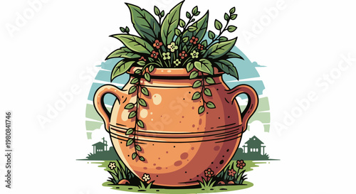 A vibrant terracotta pot overflows with lush green foliage and tiny red flowers