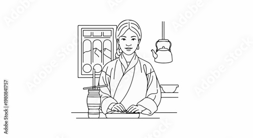 A woman in traditional attire smiles and prepares food in a rustic setting