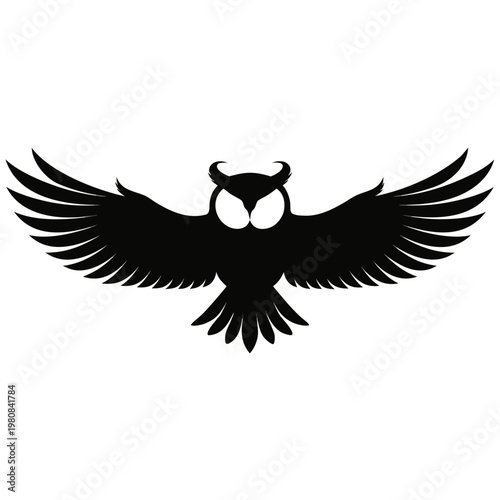Black owl silhouette, winged bird icon, minimalist design, animal symbol