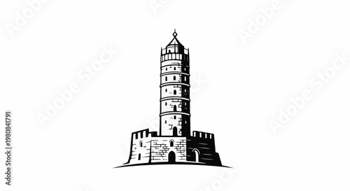 A stylized drawing of a tall, round tower with a fortified base