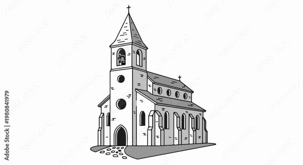 Fototapeta premium A stylized drawing of a stone church with a bell tower and steeple