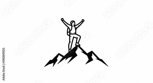 A stylized figure stands victoriously atop a rugged mountain peak
