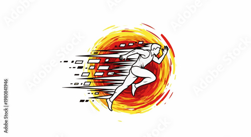 A stylized runner streaks forward with a vibrant, fiery background