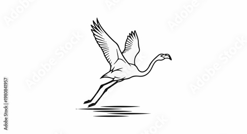 A stylized flamingo in flight over water lines