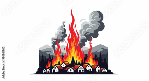 A village engulfed in a wildfire, with intense flames and smoke rising