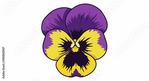 A stylized, flat illustration of a purple and yellow pansy flower