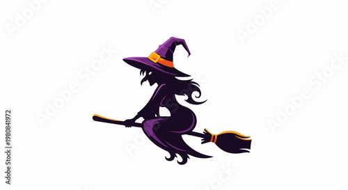 A stylized silhouette of a witch on a broomstick flies with purple and orange accents