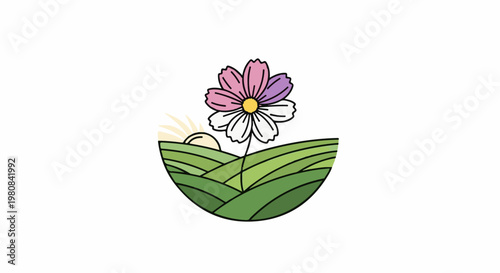 A stylized flower with multicolored petals blooms atop rolling green hills at sunrise