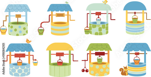 Large collection of cute kawaii water wells with buckets and small animals, colorful stone and wooden wishing well vector set for fairytale landscapes and children illustrations.