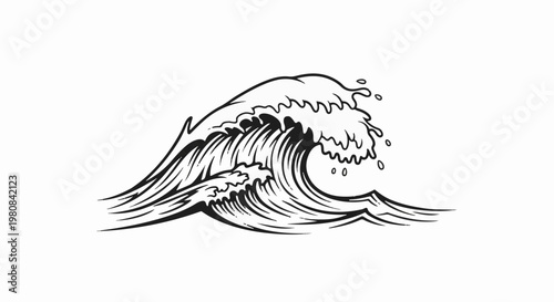 A stylized black and white sketch of a crashing ocean wave